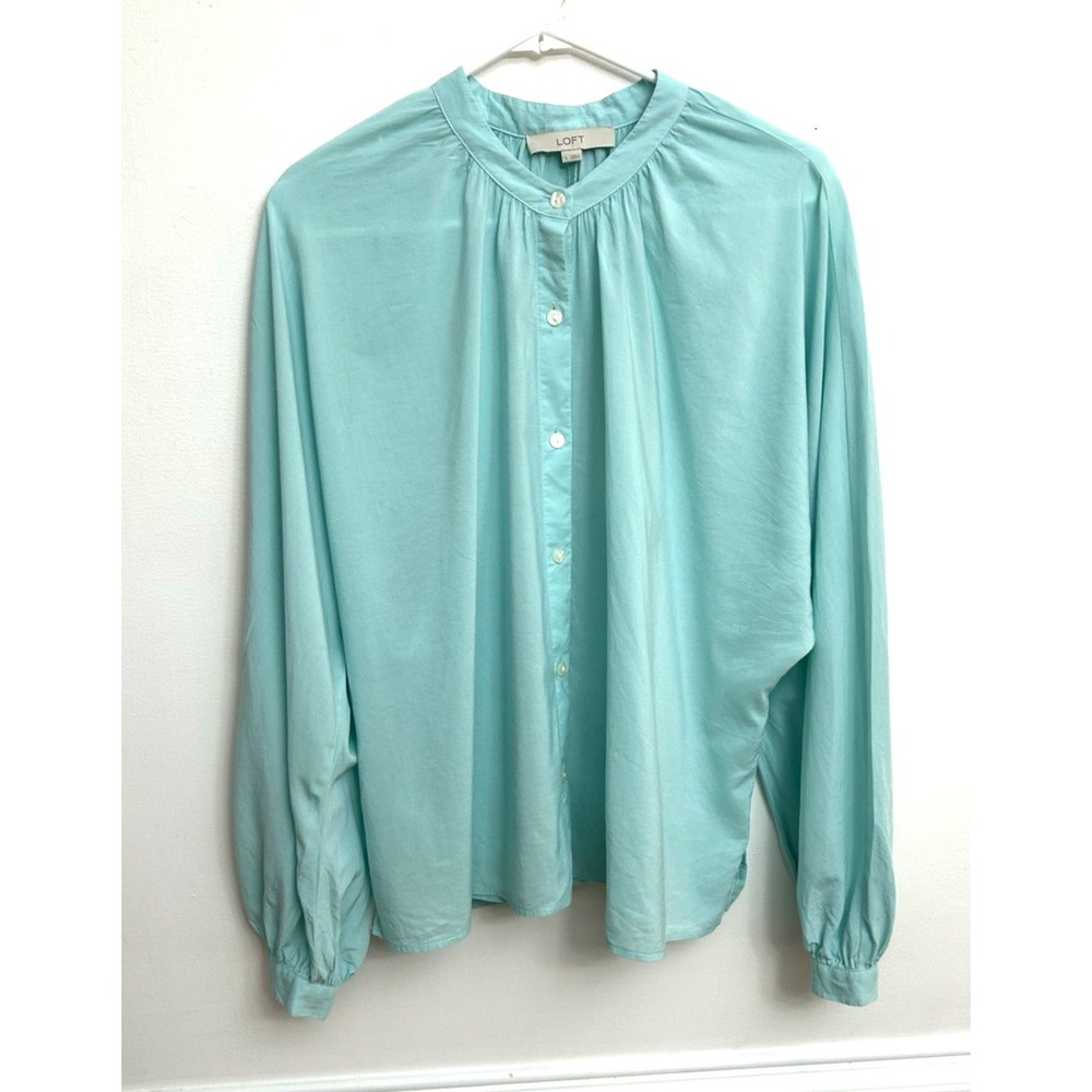 LOFT Button Up Blouse Shirt Women's L Turquoise Cotton Blend Gathered Mock Neck